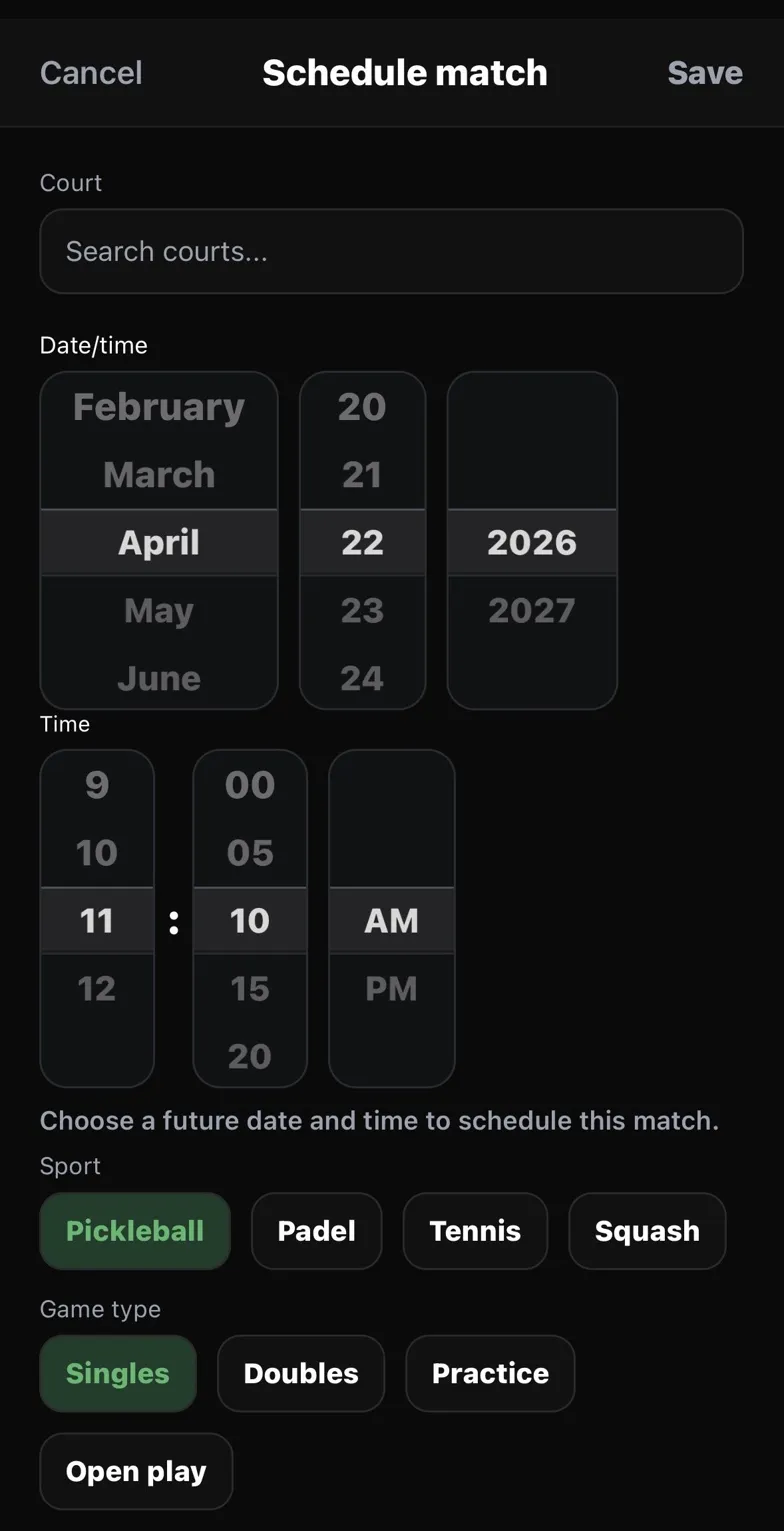 SetPoint schedule a match screen